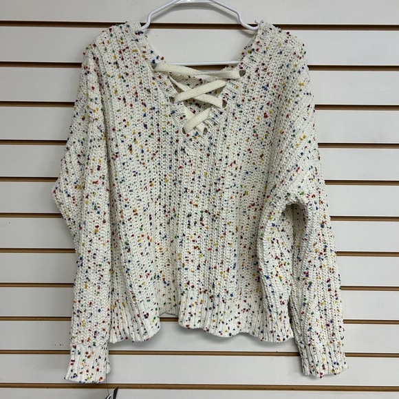 I.N. San Francisco NWT XL White Rainbow Confetti Chenille V-Neck Sweater Knit - Picture 5 of 11